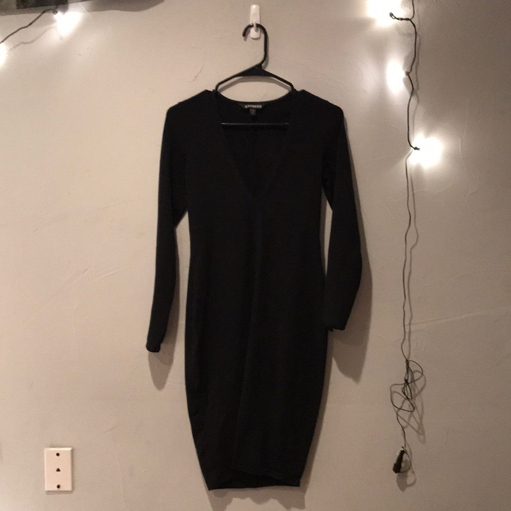 Express Black MIDI Dress Deep V Neck Long Sleeve S